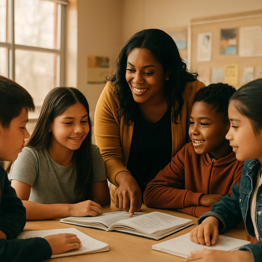 A teacher engaging with a diverse group of attentive middle school students around a table