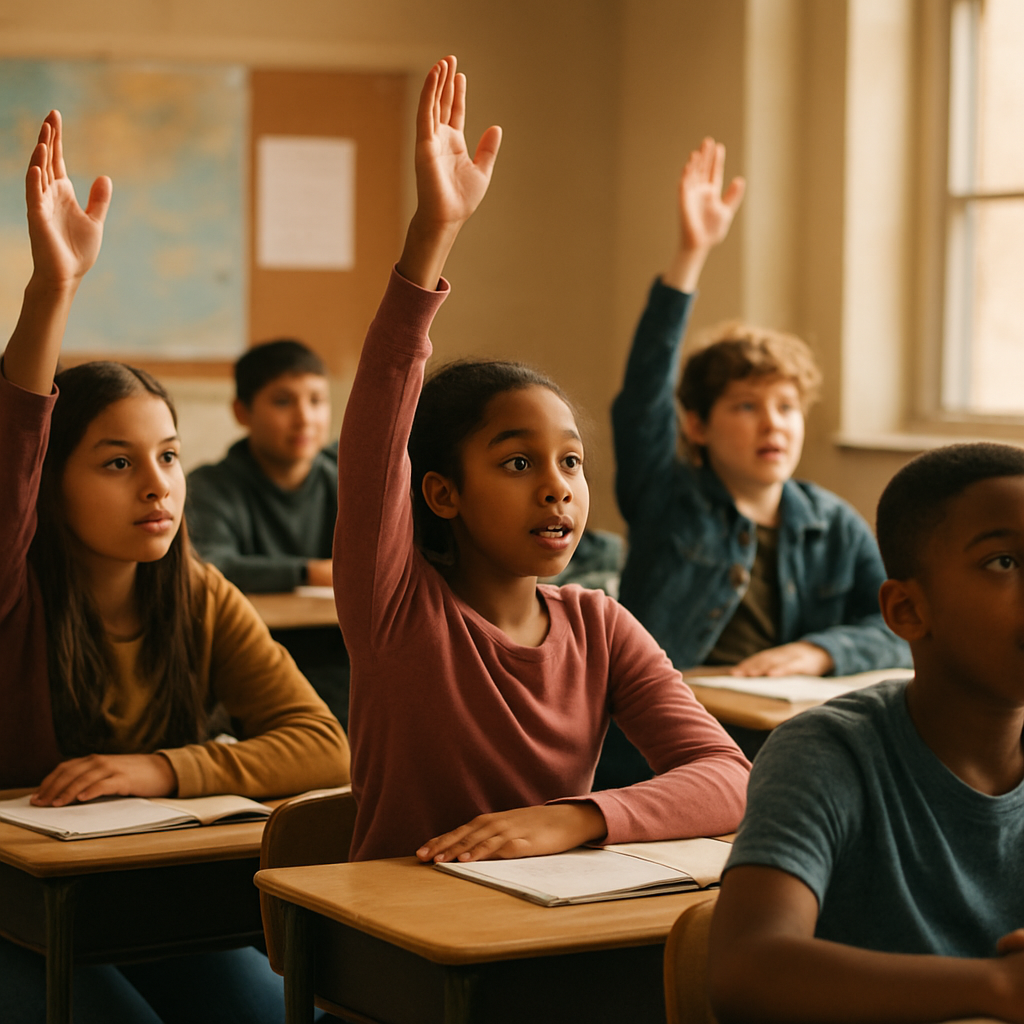 Diverse students in an engaged classroom discussion with hands raised