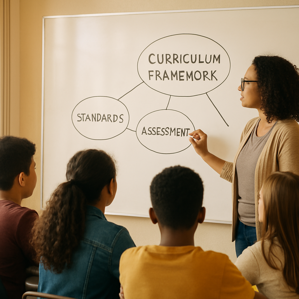 A teacher diagramming a connected curriculum framework on a whiteboard