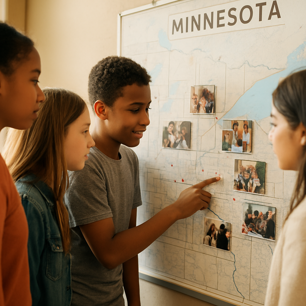 Students studying a large map of Minnesota with community photos pinned to it