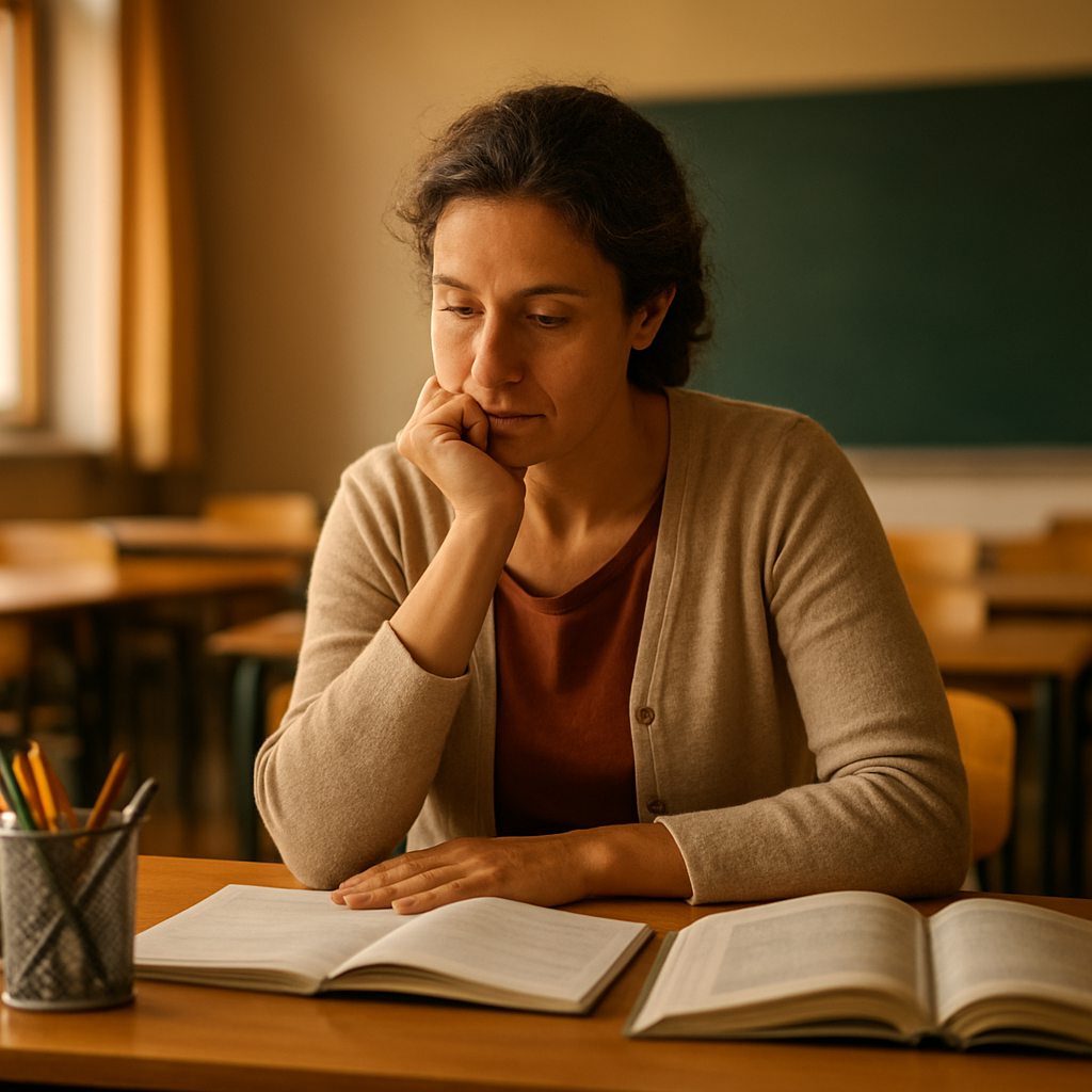 A teacher reflecting thoughtfully at a desk with lesson materials