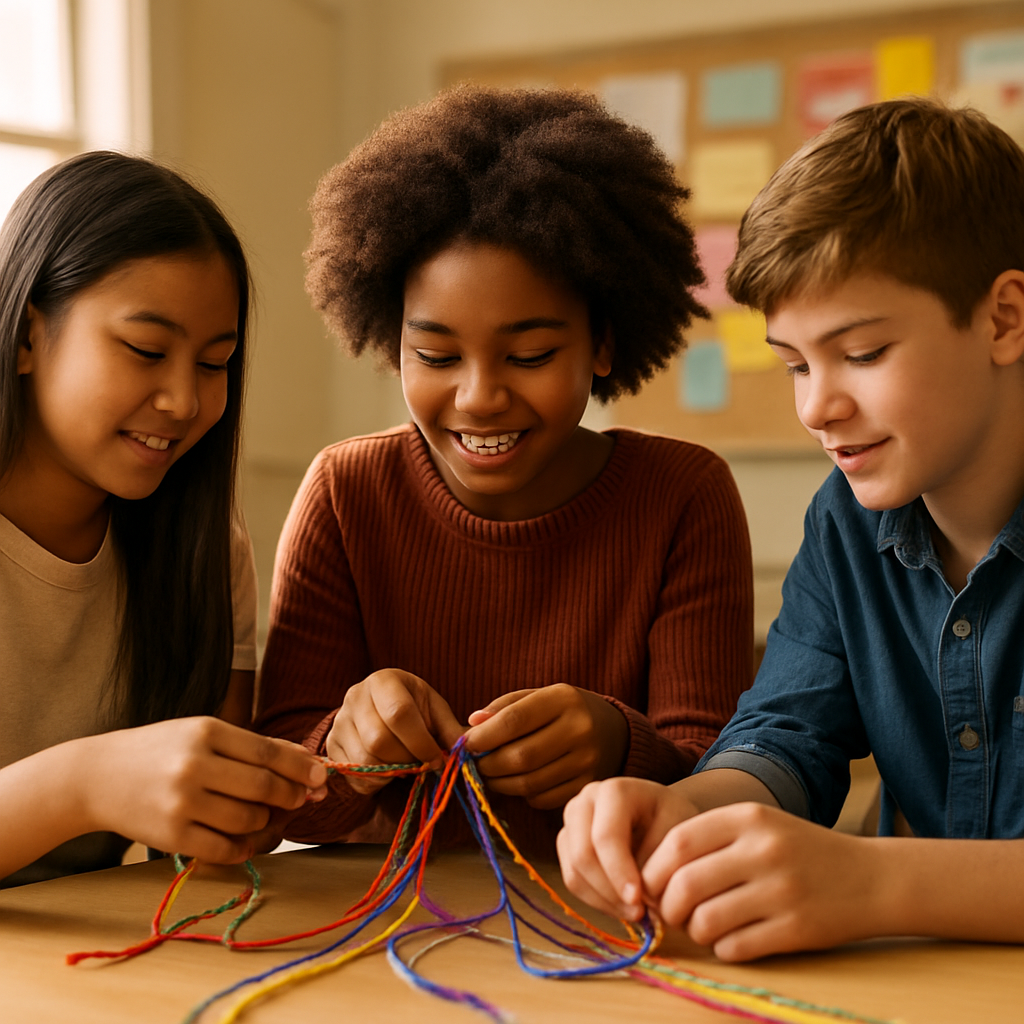 Three students weaving colorful threads together in a hands-on identity activity