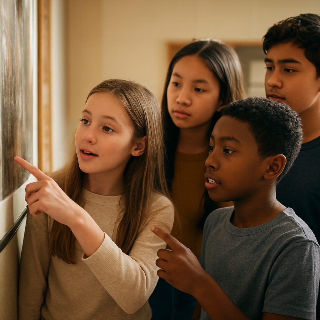 Middle school students observing and discussing a large artwork on the classroom wall